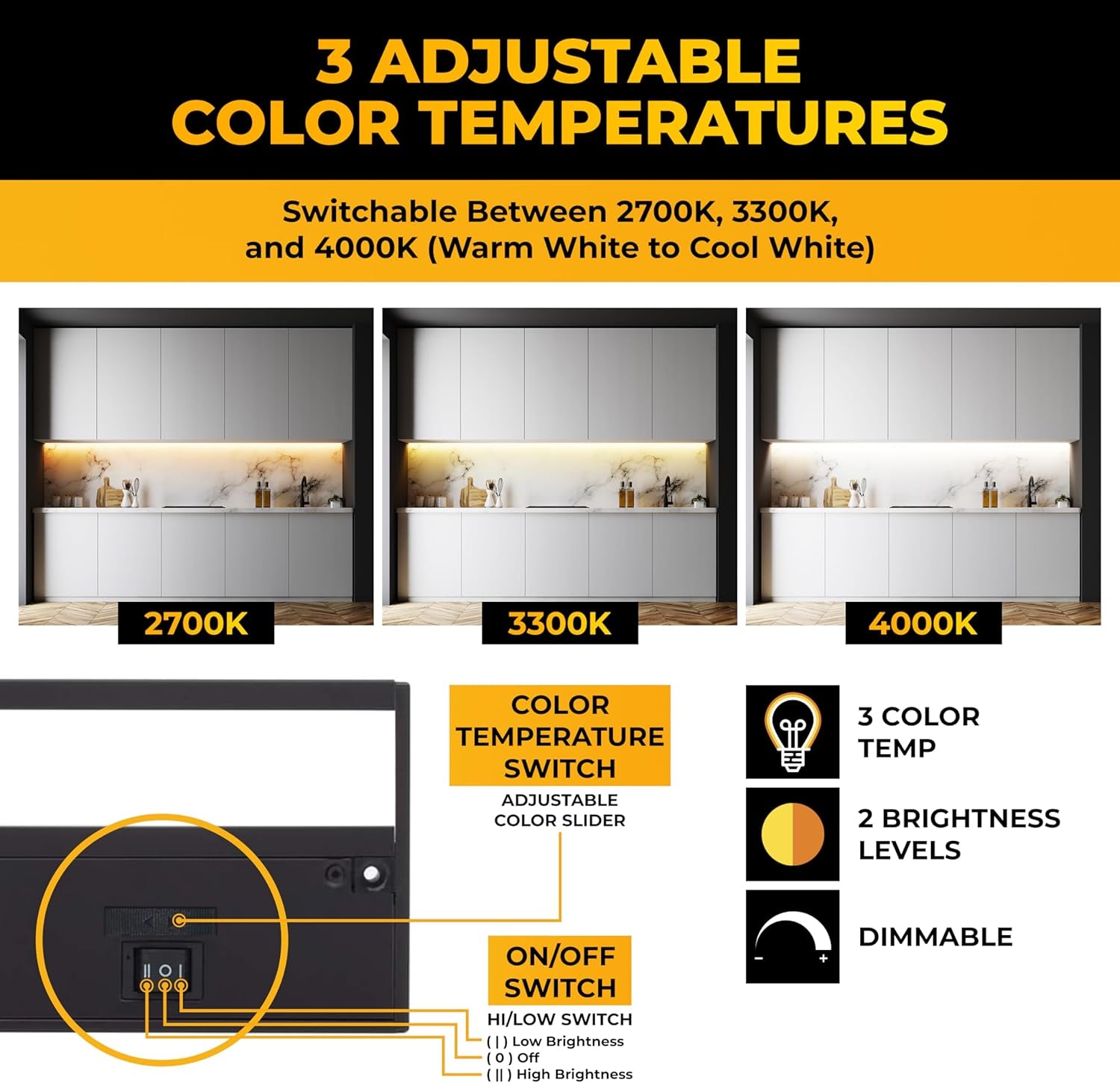LED under Cabinet Lighting Hardwired - 3CCT 24 Inch Black Finish - Undercabinet Lights for Kitchen - Linkable Undercounter Dimmable Plug in Light or Hard Wired - under Counter Fixture Direct Wire