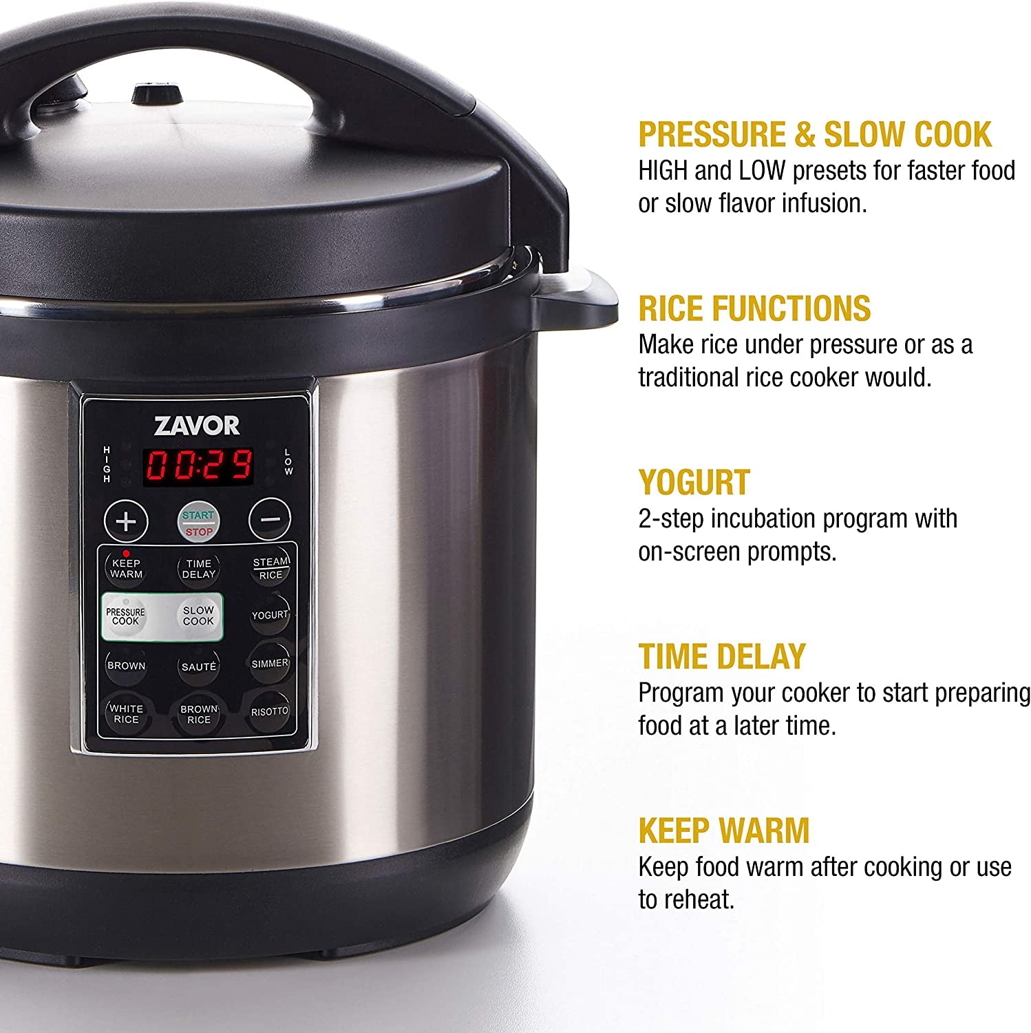 LUX Multi-Cooker, 8 Quart Electric Pressure Cooker, Slow Cooker, Rice Cooker, Yogurt Maker and More - Stainless Steel (ZSELX03)