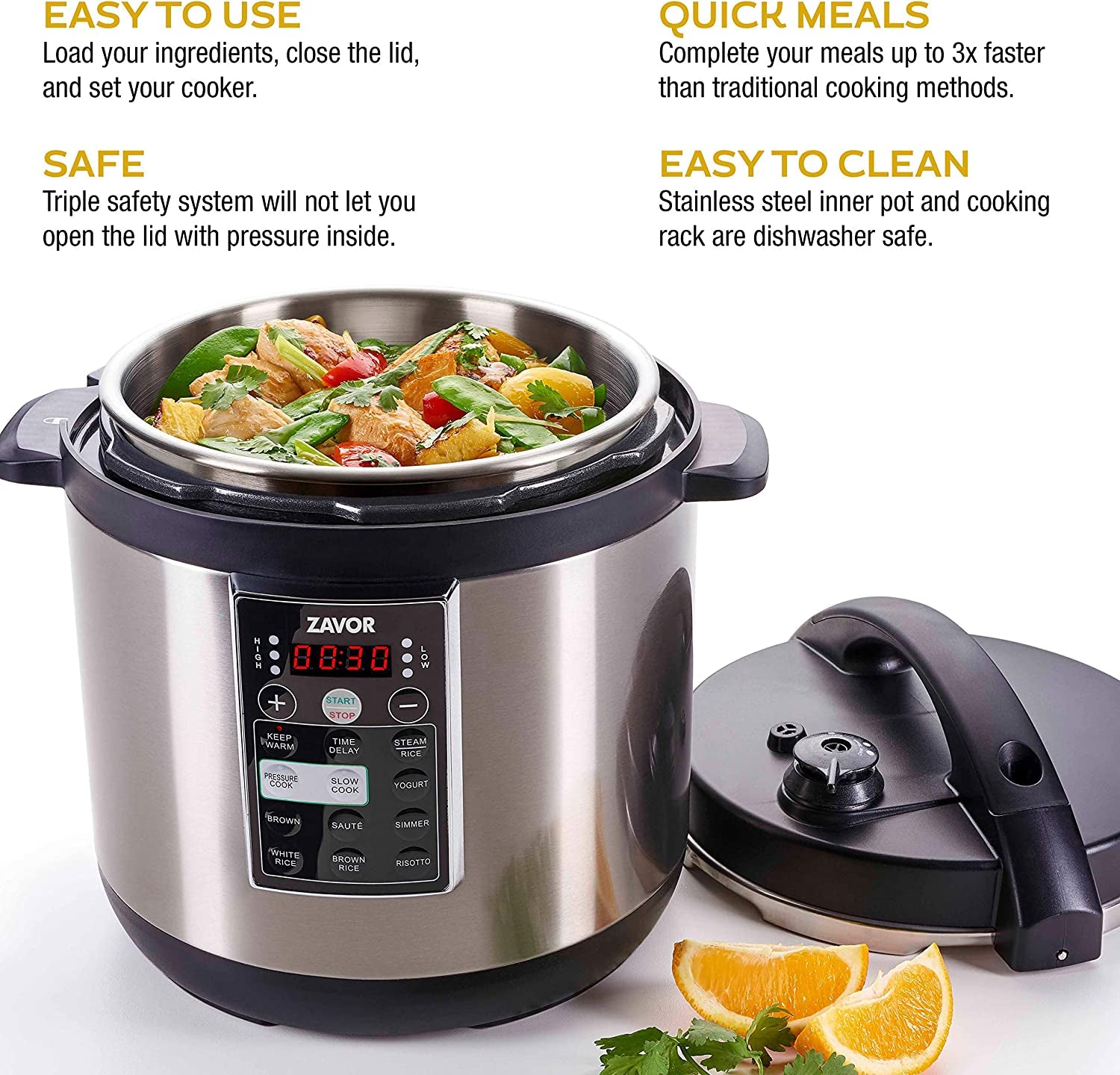 LUX Multi-Cooker, 8 Quart Electric Pressure Cooker, Slow Cooker, Rice Cooker, Yogurt Maker and More - Stainless Steel (ZSELX03)