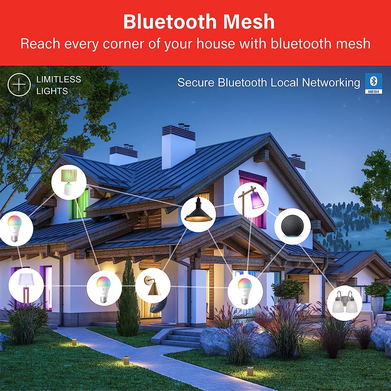 LED Light Bulbs 100W Equivalent, 1500LM Bluetooth Mesh, Smart Bulbs That Work with Alexa Only, A19 5000K Dimmable, High Brightness, No Hub Required, 4 Pack
