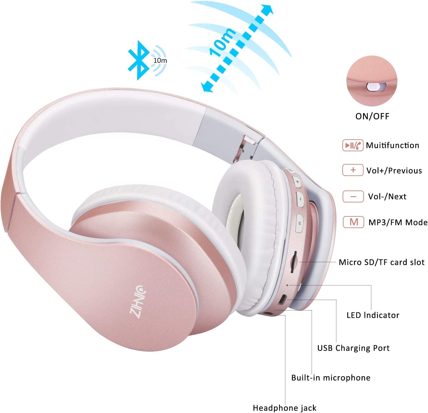 Bluetooth Headphones Over-Ear, Foldable Wireless and Wired Stereo Headset Micro SD/TF, FM for Cell Phone,Pc,Soft Earmuffs &Light Weight for Prolonged Wearing(Rose Gold)