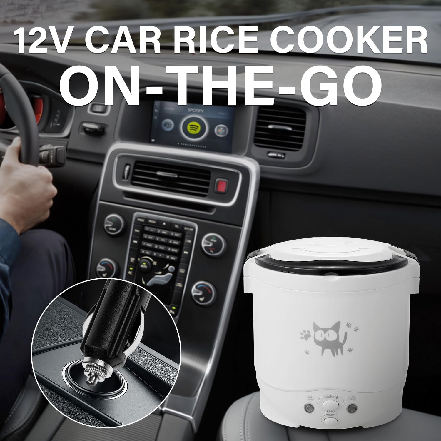 Mini Rice Cooker, 1L Small Rice Cooker 2 Cup-Uncooked Travel Rice Cooker 12V for Car with Steamer, Auto Keep Warm Suitable for 1-2 People, White