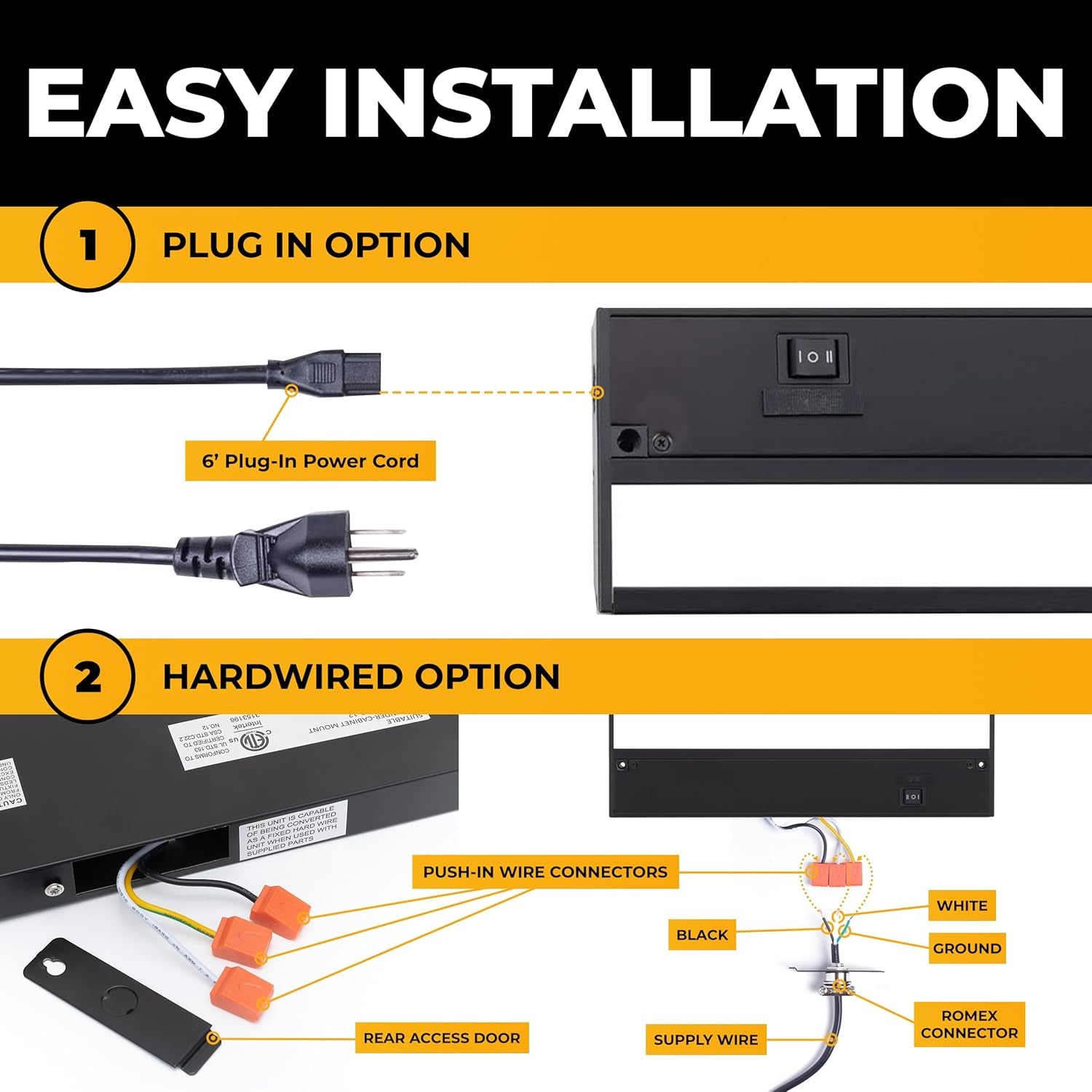 LED under Cabinet Lighting Hardwired - 3CCT 24 Inch Black Finish - Undercabinet Lights for Kitchen - Linkable Undercounter Dimmable Plug in Light or Hard Wired - under Counter Fixture Direct Wire