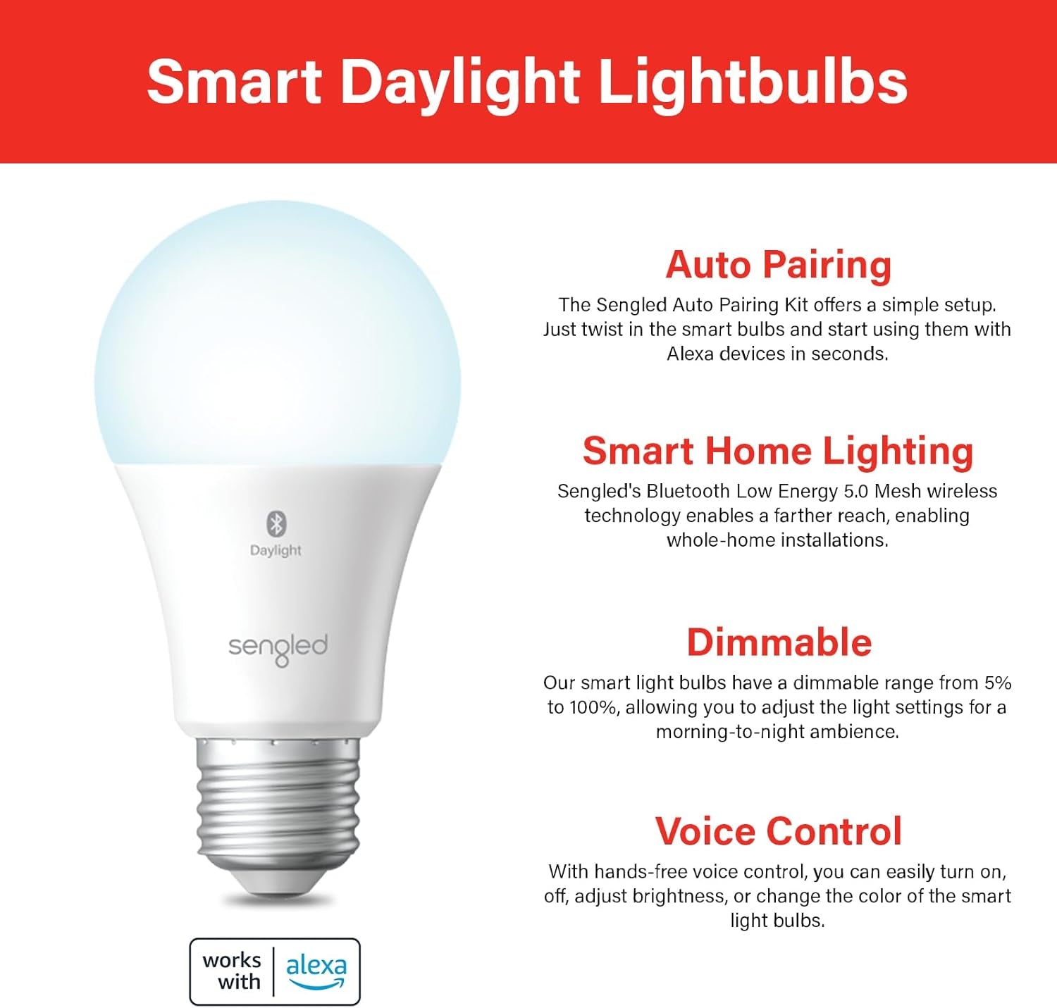 LED Light Bulbs 100W Equivalent, 1500LM Bluetooth Mesh, Smart Bulbs That Work with Alexa Only, A19 5000K Dimmable, High Brightness, No Hub Required, 4 Pack
