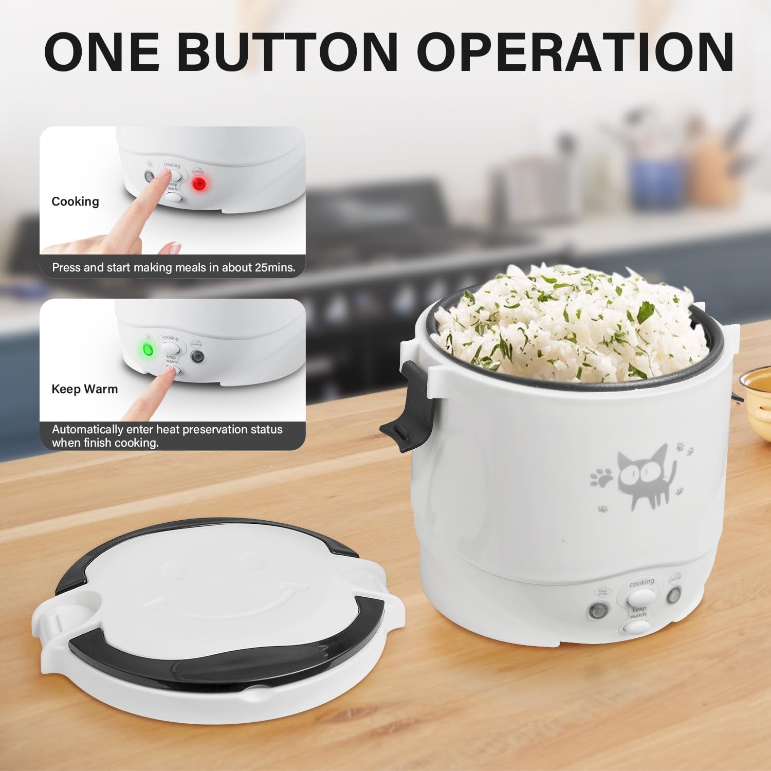 Mini Rice Cooker, 1L Small Rice Cooker 2 Cup-Uncooked Travel Rice Cooker 12V for Car with Steamer, Auto Keep Warm Suitable for 1-2 People, White