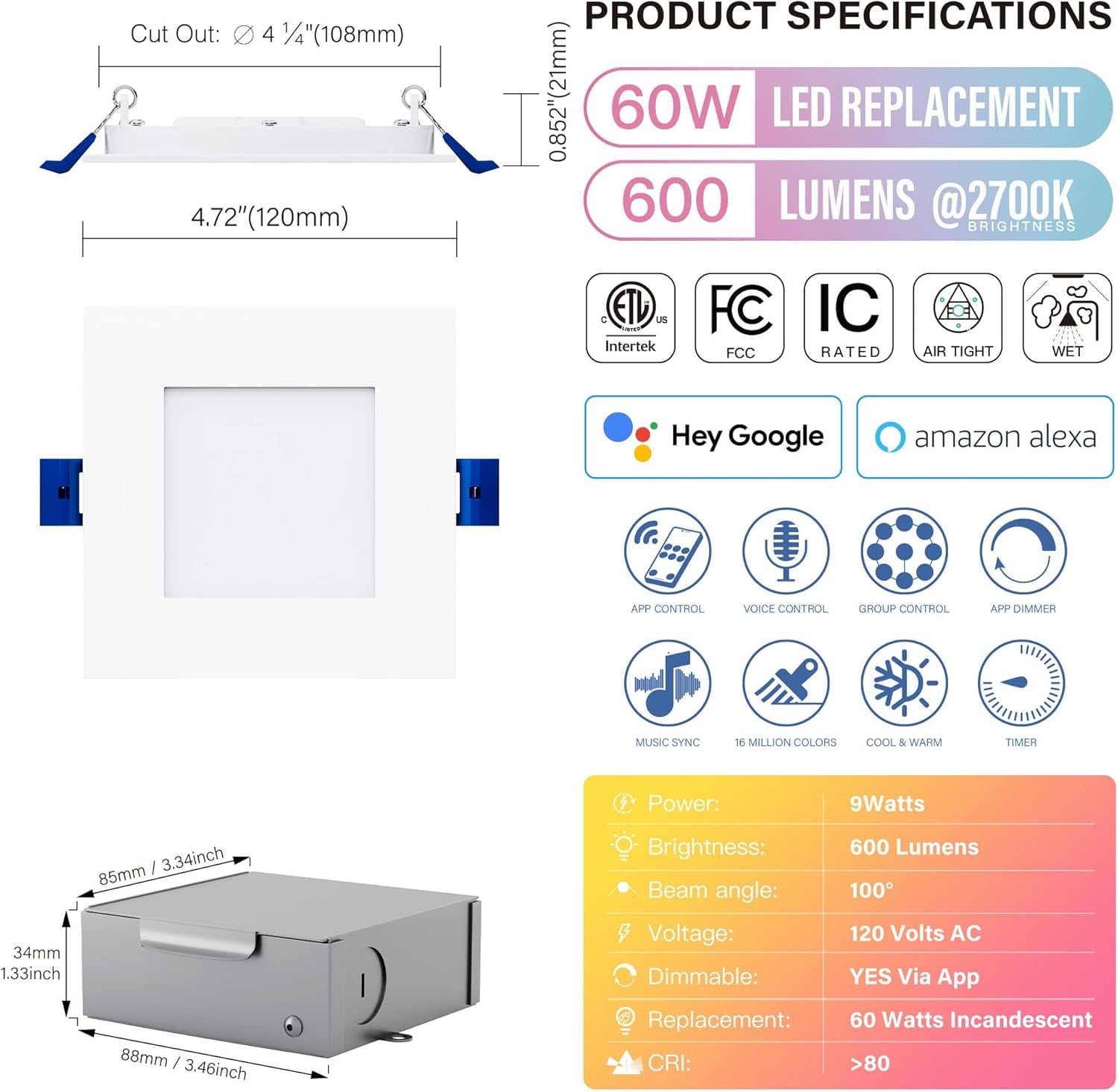 4 Inch LED Smart Slim Recessed Pot Light, Square, Wifi APP & Voice Control, 120V, 9W, 600LM, RGB + 2700K-6000K, ETL & FCC & IC Rated, Wet Location, Works with Alexa/Google Home, White -1Pack