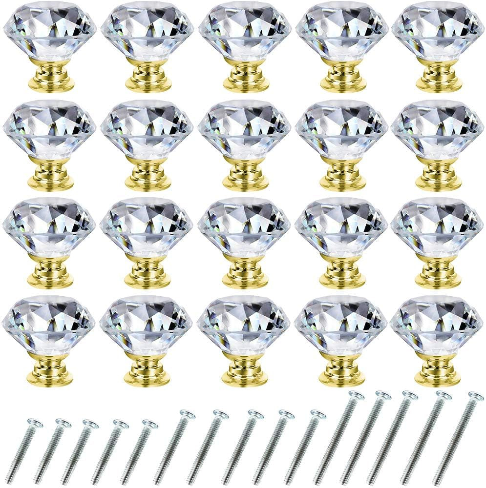 Dresser Drawer Cabinet Knobs 30Mm Diamond Shaped Crystal Glass Knobs Pulls for Kitchen Wardrobe Cupboard (20 Pack, Gold)
