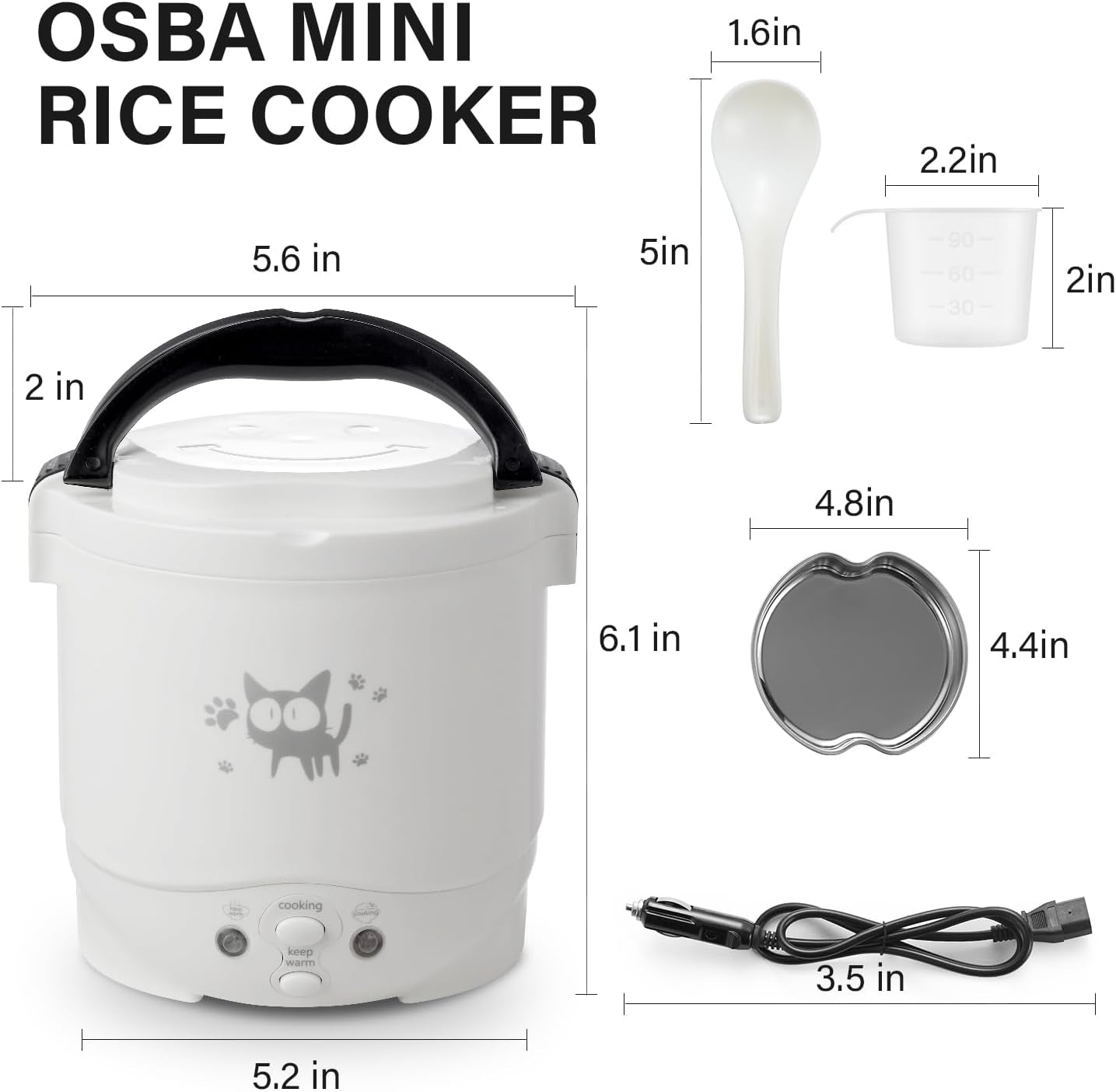 Mini Rice Cooker, 1L Small Rice Cooker 2 Cup-Uncooked Travel Rice Cooker 12V for Car with Steamer, Auto Keep Warm Suitable for 1-2 People, White