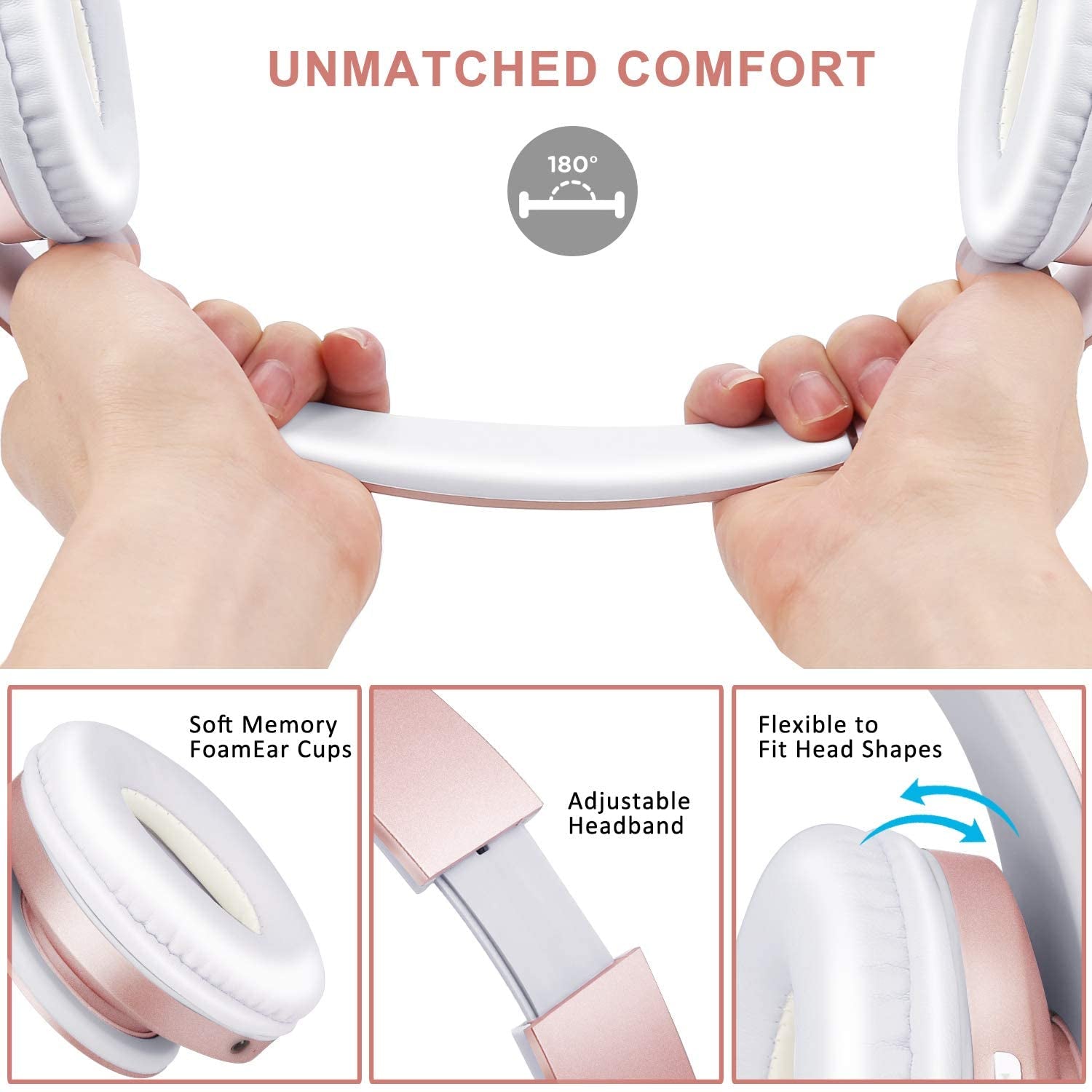 Bluetooth Headphones Over-Ear, Foldable Wireless and Wired Stereo Headset Micro SD/TF, FM for Cell Phone,Pc,Soft Earmuffs &Light Weight for Prolonged Wearing(Rose Gold)