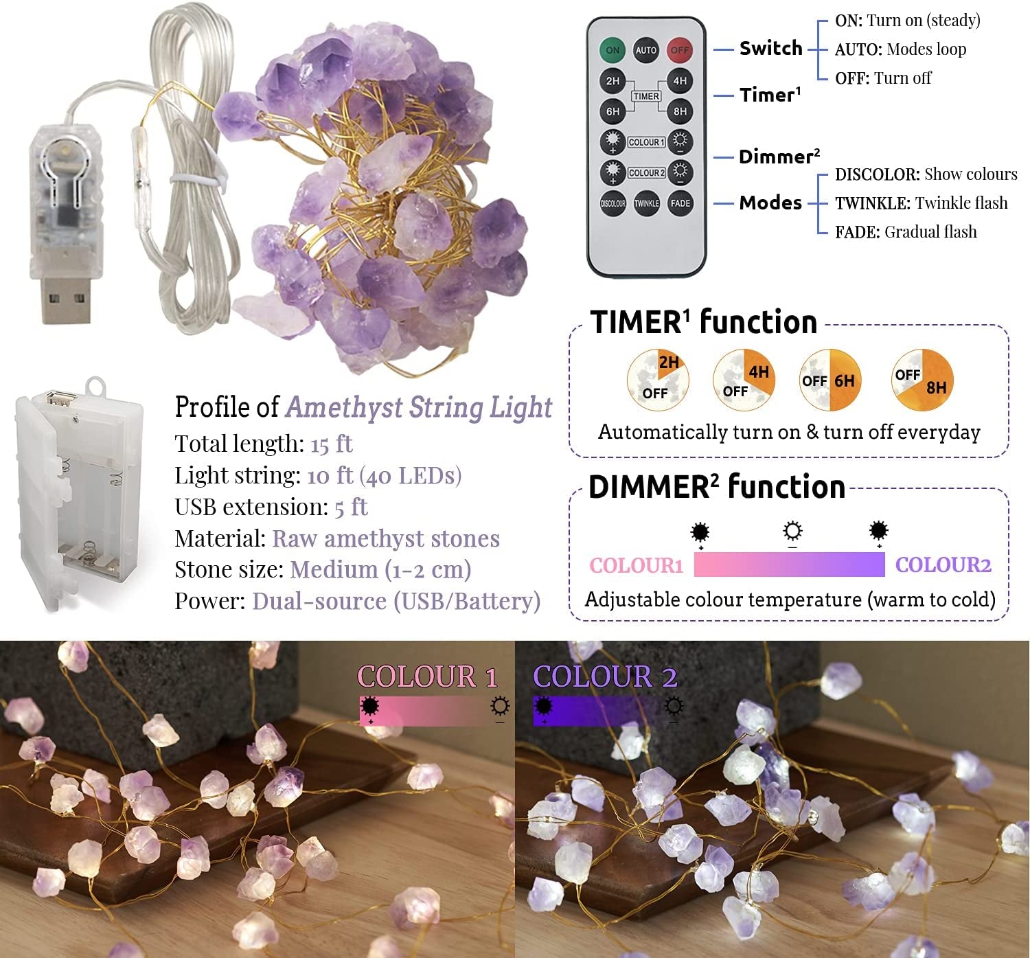 Nature Amethyst Crystal String Lights for Bedroom 10FT 40Leds Usb/Battery Operated Grape Crystal Light Pure Purple Fairy Lights Plug in for Natural Life Cute String Lights for Office