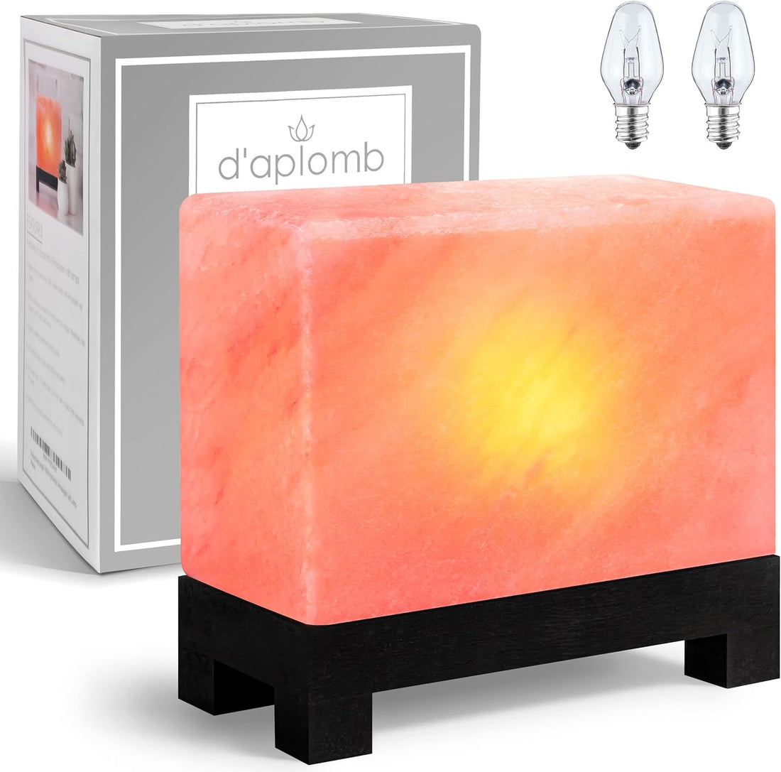 100% Authentic Natural Himalayan Salt Lamp;Hand-Carved Modern Rectangle Rare Pink Crystal Rock Salt from the Himalayan Mountain; Footed Wood Base, Dimmer Cord; 11.5 Lbs