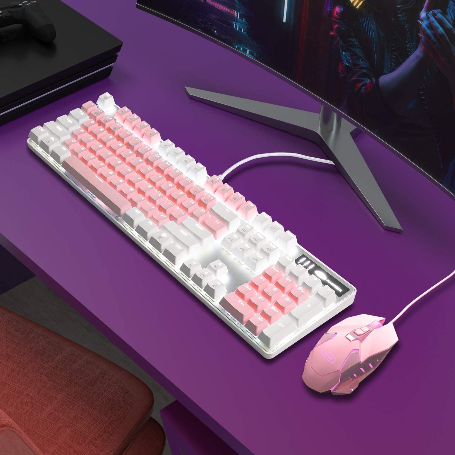 Mechanical Gaming Keyboard, New Upgraded Blue Switch 104 Keys White Backlit Keyboards, USB Wired Mechanical Computer Keyboard for Laptop, Desktop, PC Gamers(White &amp; Pink)