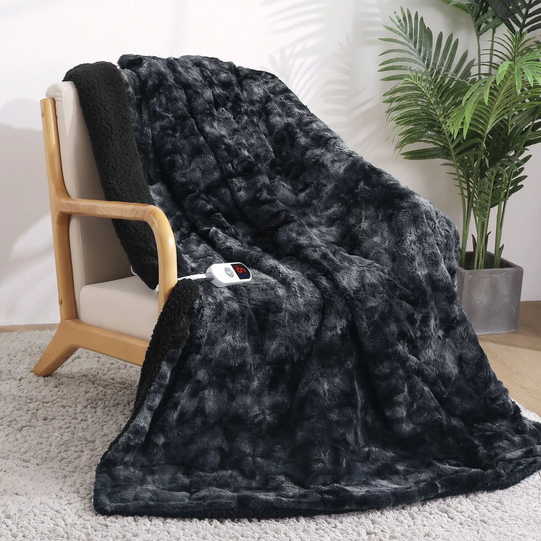 Electric Throw Blanket 50&quot; X 60&quot;, Soft Faux Fur Heated Blanket with Large LED Display, 6 Heating Levels, 4 Hours Timer, Machine Washable - Tie-Dye Black