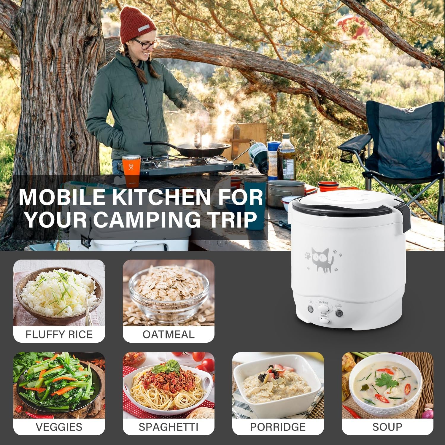 Mini Rice Cooker, 1L Small Rice Cooker 2 Cup-Uncooked Travel Rice Cooker 12V for Car with Steamer, Auto Keep Warm Suitable for 1-2 People, White