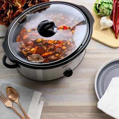 6 Qt. Oval Slow Cooker with Removable Stoneware Crock in Silver Stainless Steel