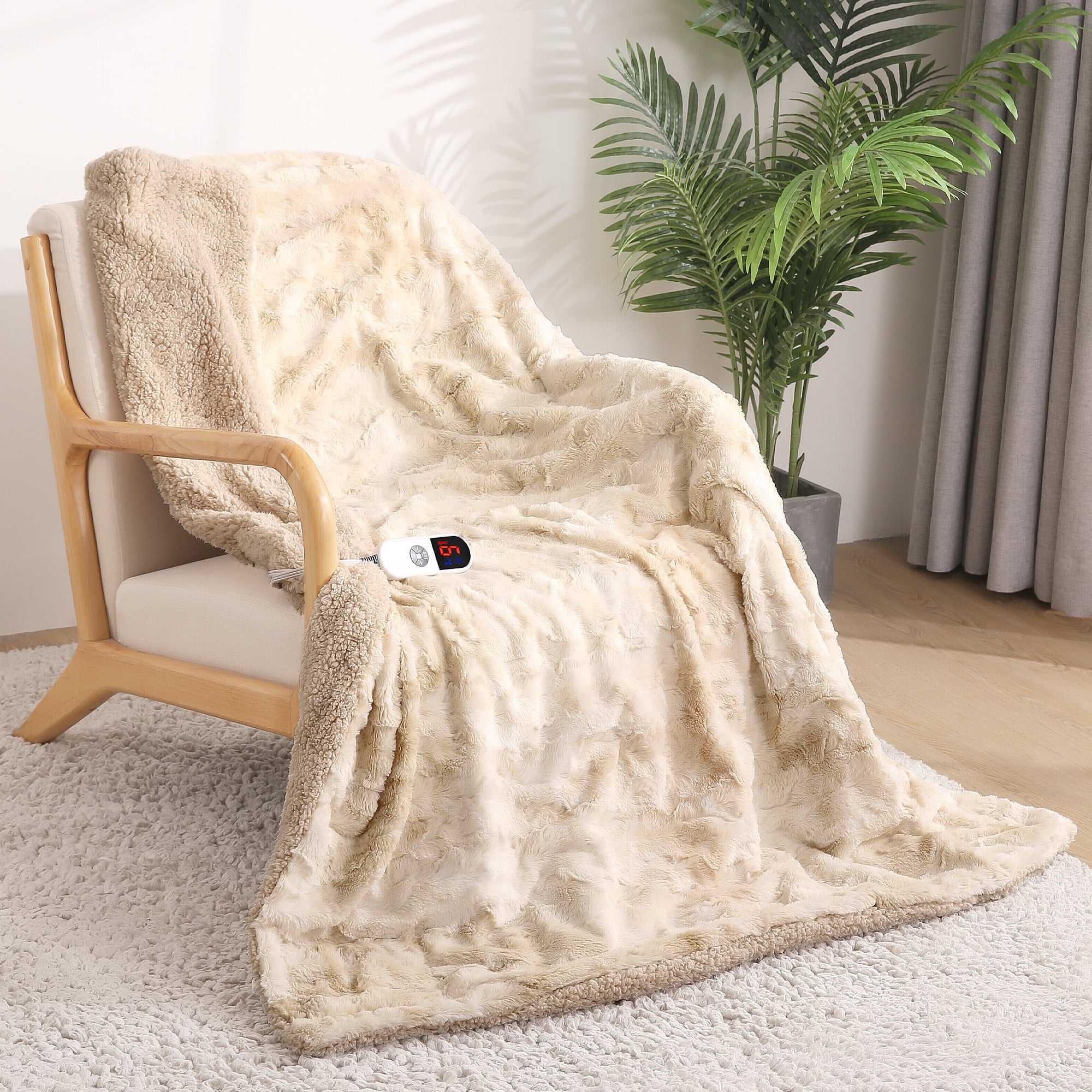 Electric Throw Blanket 50&quot; X 60&quot;, Soft Faux Fur Heated Blanket with Large LED Display, 6 Heating Levels, 4 Hours Timer, Machine Washable - Tie-Dye off White