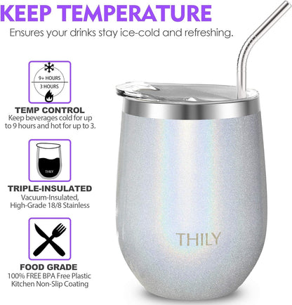 12Oz Insulated Stainless Steel Wine Tumbler with Sliding Lid &amp; Straw - Stemless Travel Cup for Coffee, Cocktails, Beer - Cold Drinks - Glitter White