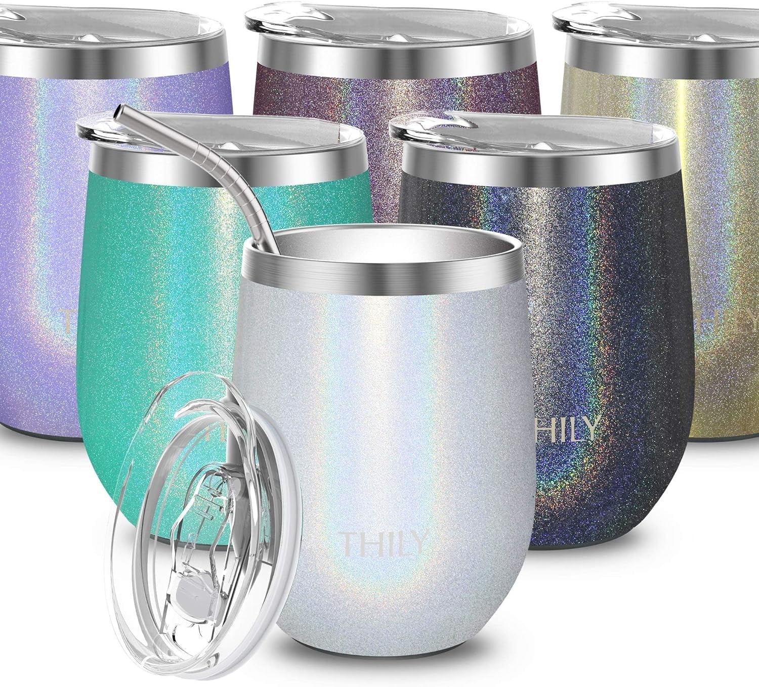 12Oz Insulated Stainless Steel Wine Tumbler with Sliding Lid &amp; Straw - Stemless Travel Cup for Coffee, Cocktails, Beer - Cold Drinks - Glitter White