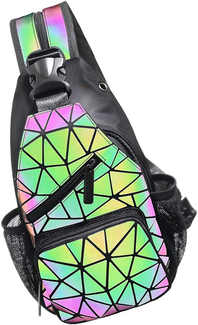 Geometric Backpack Luminous Holographic Purse Color Changes Flash Reflective Bag for Cycling Fashion Sling Bag for Women(Prism)