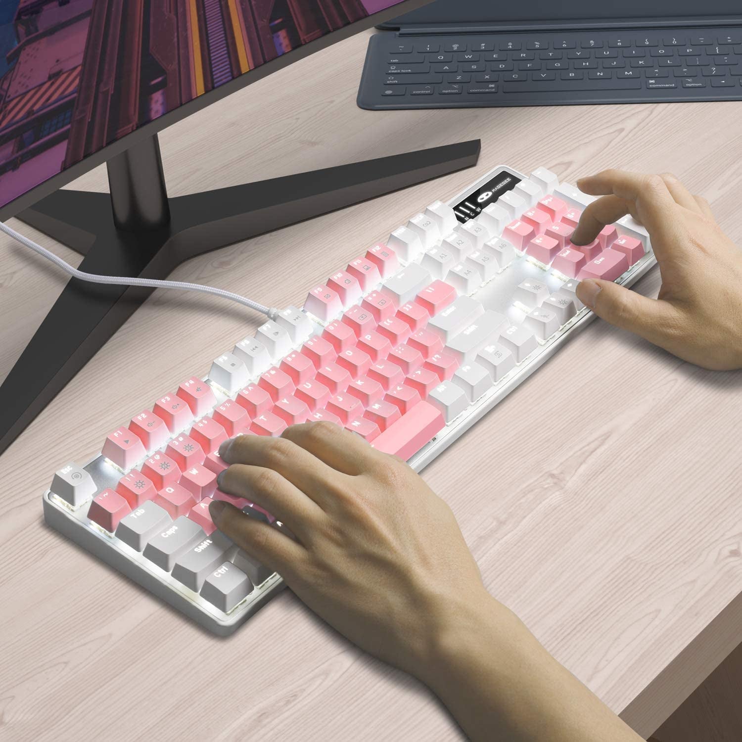 Mechanical Gaming Keyboard, New Upgraded Blue Switch 104 Keys White Backlit Keyboards, USB Wired Mechanical Computer Keyboard for Laptop, Desktop, PC Gamers(White &amp; Pink)