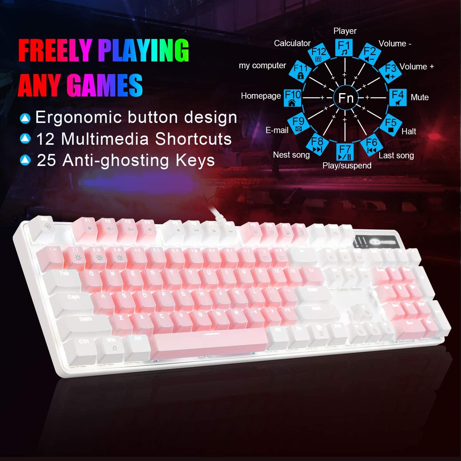 Mechanical Gaming Keyboard, New Upgraded Blue Switch 104 Keys White Backlit Keyboards, USB Wired Mechanical Computer Keyboard for Laptop, Desktop, PC Gamers(White &amp; Pink)
