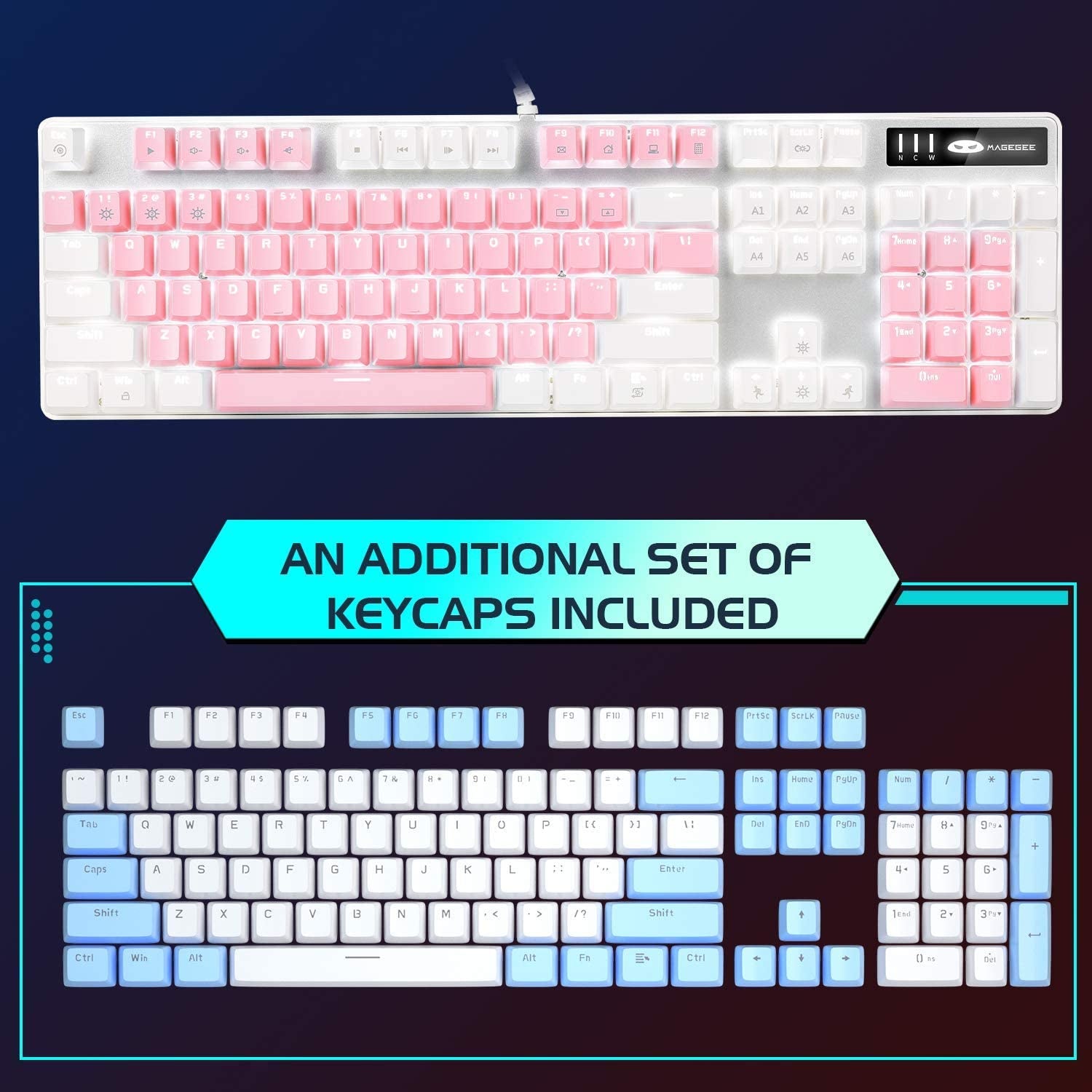 Mechanical Gaming Keyboard, New Upgraded Blue Switch 104 Keys White Backlit Keyboards, USB Wired Mechanical Computer Keyboard for Laptop, Desktop, PC Gamers(White &amp; Pink)