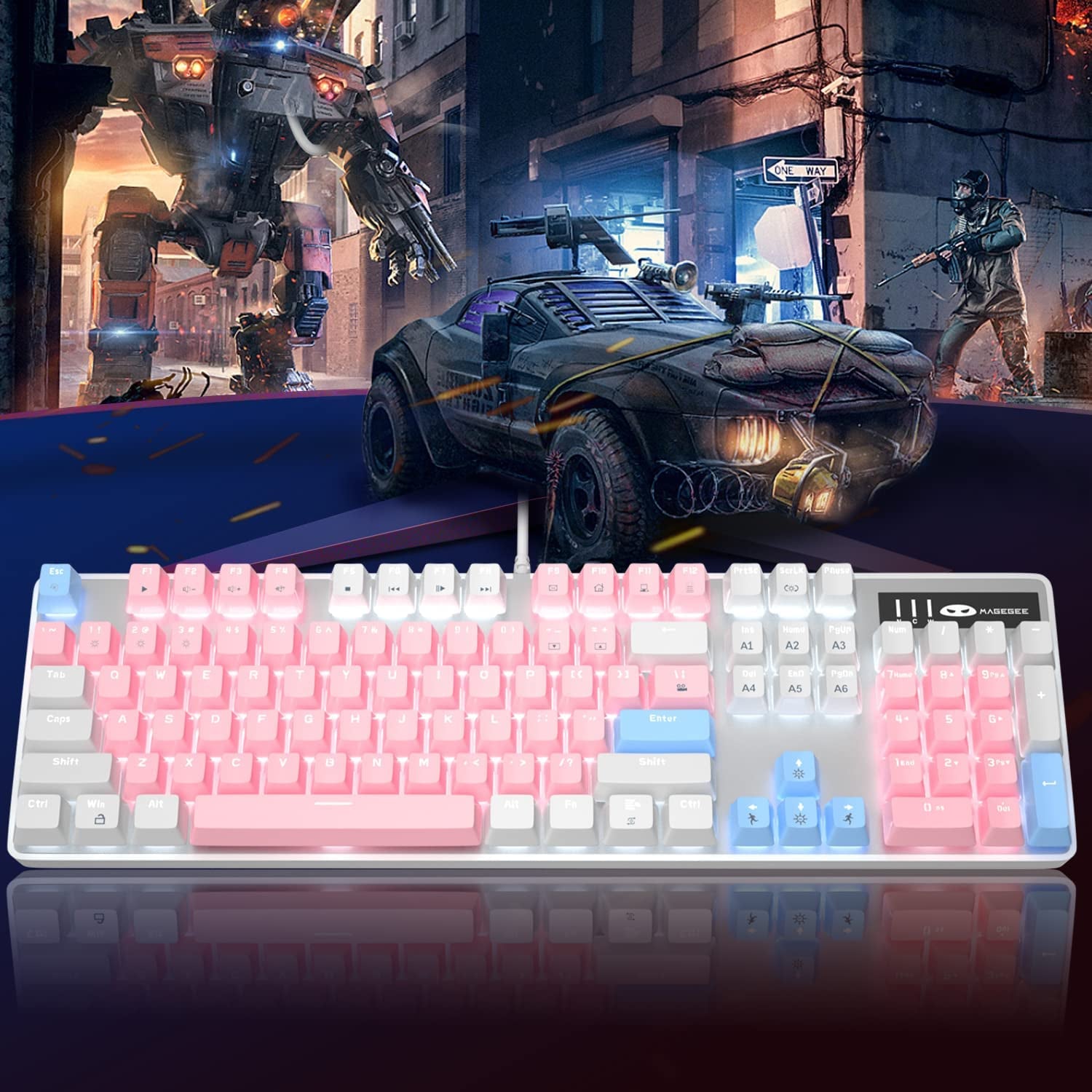 Mechanical Gaming Keyboard, New Upgraded Blue Switch 104 Keys White Backlit Keyboards, USB Wired Mechanical Computer Keyboard for Laptop, Desktop, PC Gamers(White &amp; Pink)