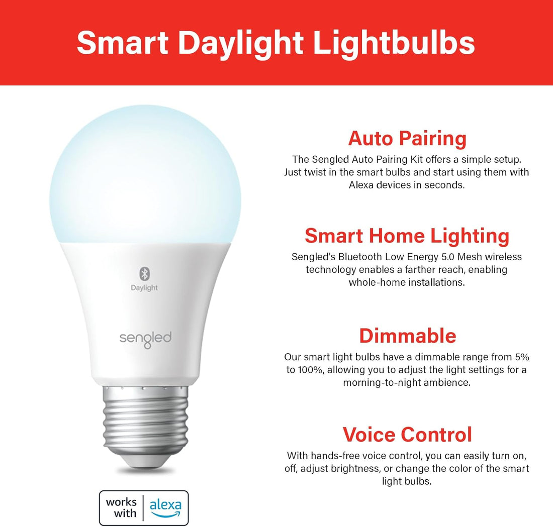 LED Light Bulbs 100W Equivalent, 1500LM Bluetooth Mesh, Smart Bulbs That Work with Alexa Only, A19 5000K Dimmable, High Brightness, No Hub Required, 4 Pack