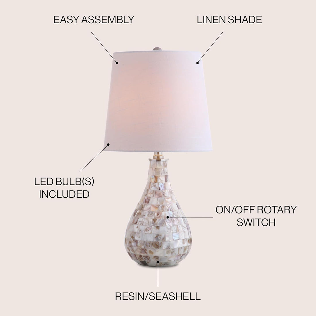 JYL1024A Mona 20.5&quot; Mini LED Table Lamp, Cottage, Coastal, Transitional, Modern, Elegant, Office, Living Room, Family Room, Dining Room, Bedroom, Hallway, Foyer, Seashell