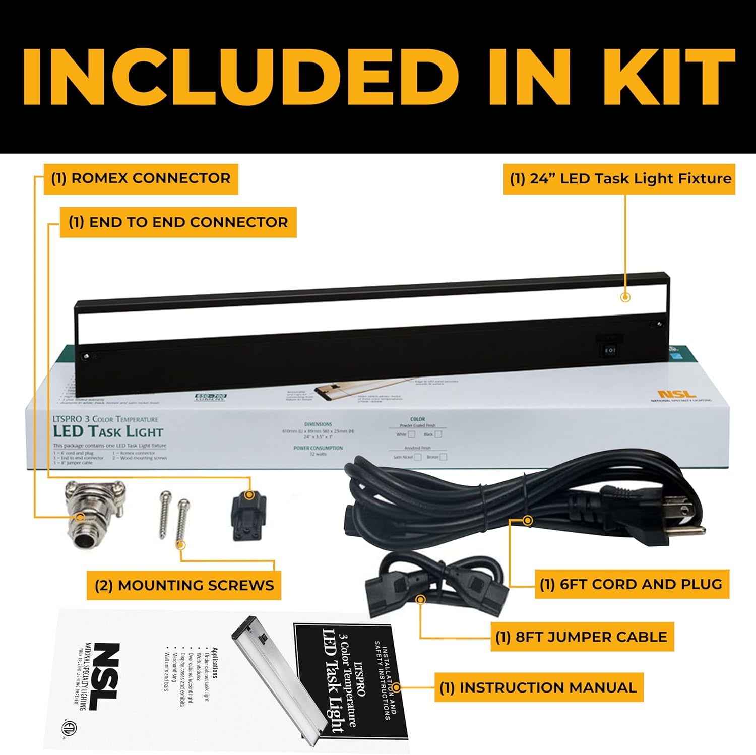 LED under Cabinet Lighting Hardwired - 3CCT 24 Inch Black Finish - Undercabinet Lights for Kitchen - Linkable Undercounter Dimmable Plug in Light or Hard Wired - under Counter Fixture Direct Wire