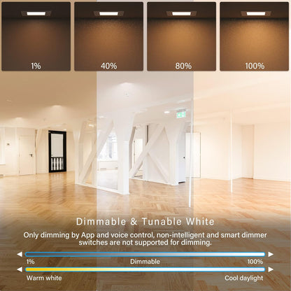 4 Inch LED Smart Slim Recessed Pot Light, Square, Wifi APP &amp; Voice Control, 120V, 9W, 600LM, RGB + 2700K-6000K, ETL &amp; FCC &amp; IC Rated, Wet Location, Works with Alexa/Google Home, White -1Pack