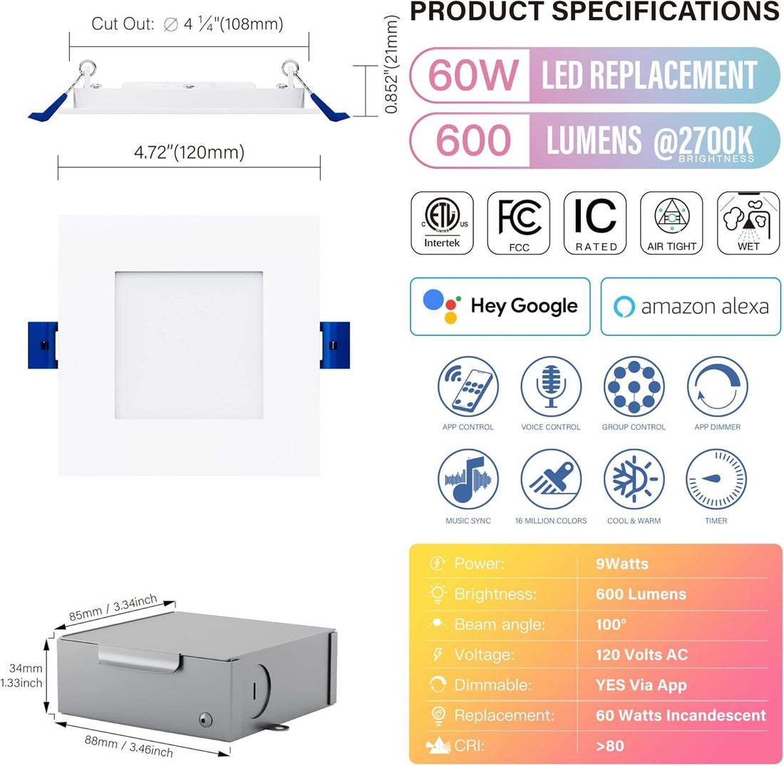 4 Inch LED Smart Slim Recessed Pot Light, Square, Wifi APP &amp; Voice Control, 120V, 9W, 600LM, RGB + 2700K-6000K, ETL &amp; FCC &amp; IC Rated, Wet Location, Works with Alexa/Google Home, White -1Pack