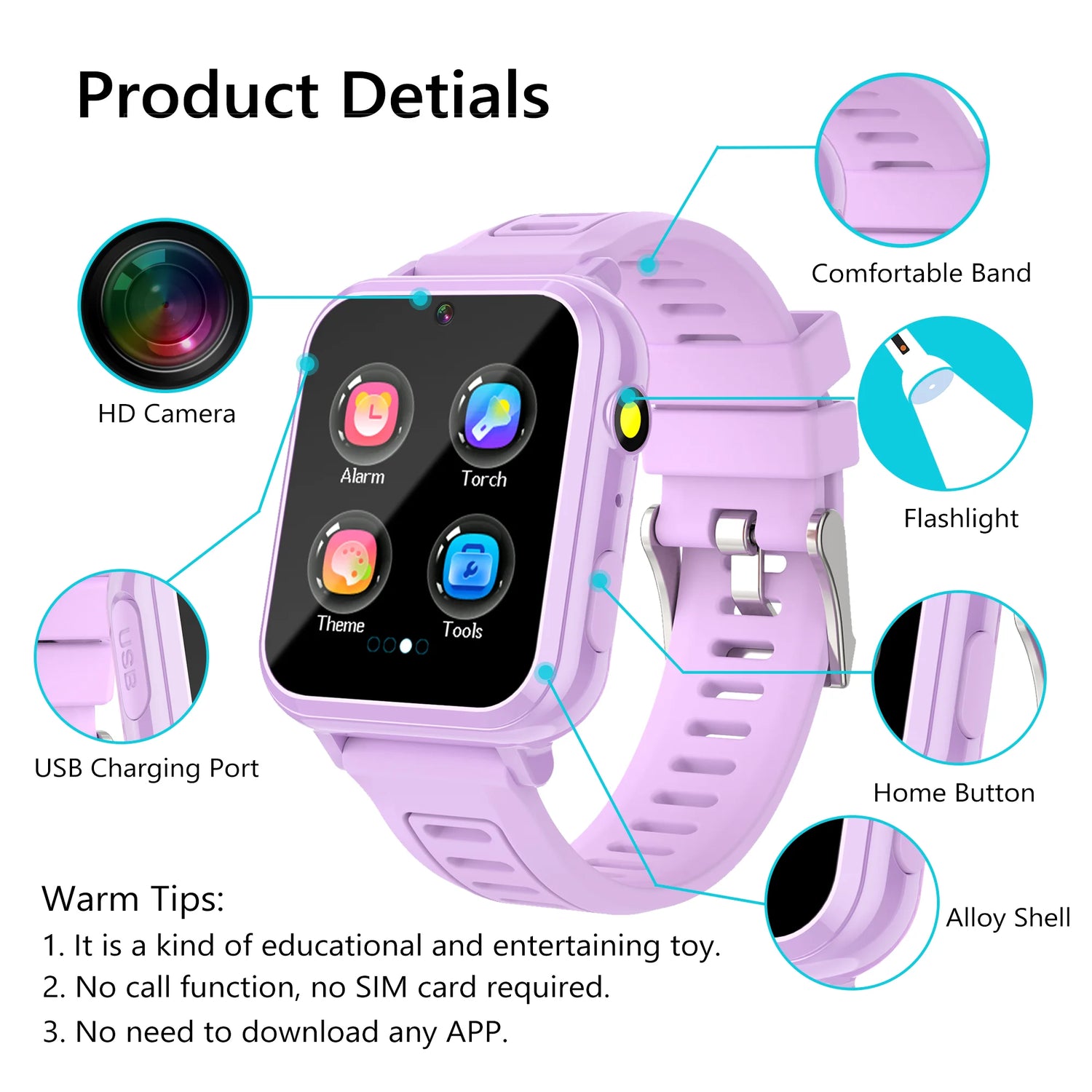 Smart Watch for Kids, Kids Smart Watch with Multifunctions Puzzle-Games Camera Music Player Pedometer Record,Best Christmas Gifts for Children 3-12 Years Old(Purple)