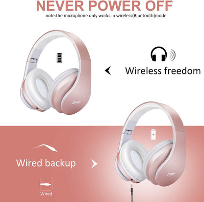 Bluetooth Headphones Over-Ear, Foldable Wireless and Wired Stereo Headset Micro SD/TF, FM for Cell Phone,Pc,Soft Earmuffs &amp;Light Weight for Prolonged Wearing(Rose Gold)