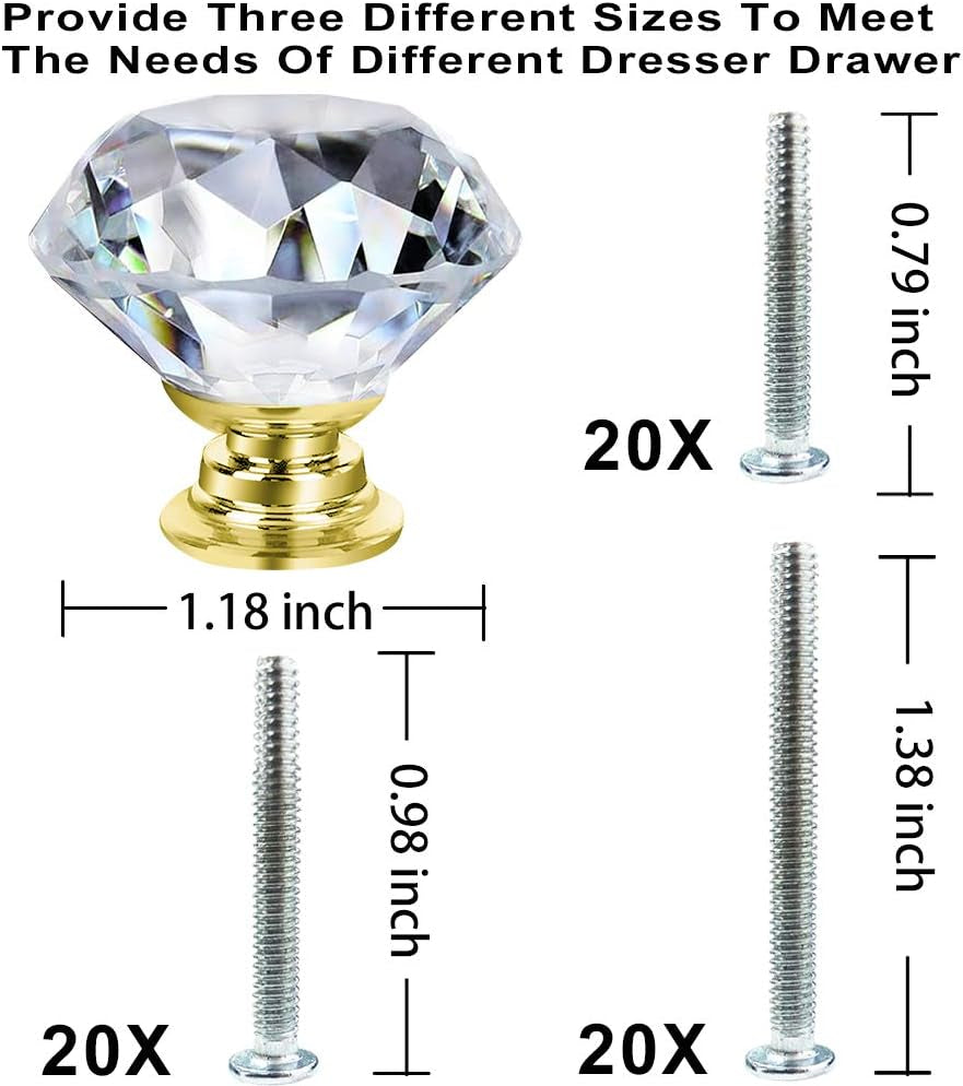 Dresser Drawer Cabinet Knobs 30Mm Diamond Shaped Crystal Glass Knobs Pulls for Kitchen Wardrobe Cupboard (20 Pack, Gold)