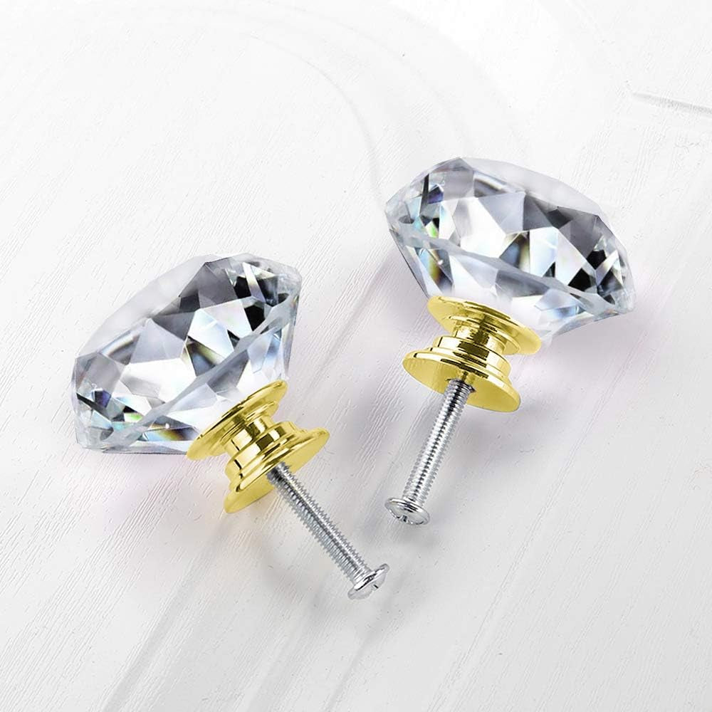Dresser Drawer Cabinet Knobs 30Mm Diamond Shaped Crystal Glass Knobs Pulls for Kitchen Wardrobe Cupboard (20 Pack, Gold)