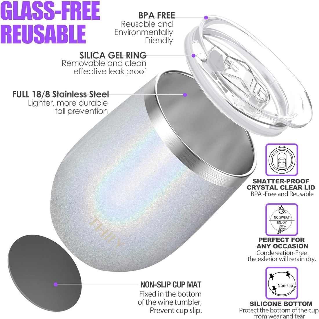 12Oz Insulated Stainless Steel Wine Tumbler with Sliding Lid &amp; Straw - Stemless Travel Cup for Coffee, Cocktails, Beer - Cold Drinks - Glitter White