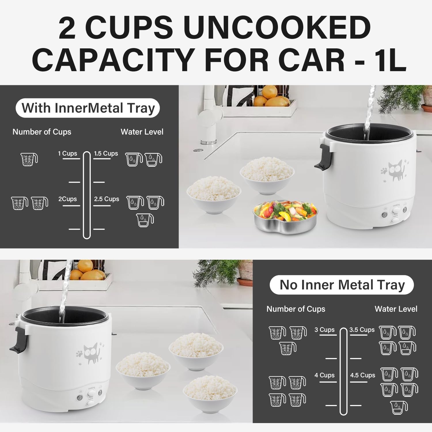 Mini Rice Cooker, 1L Small Rice Cooker 2 Cup-Uncooked Travel Rice Cooker 12V for Car with Steamer, Auto Keep Warm Suitable for 1-2 People, White