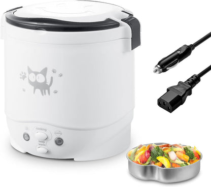 Mini Rice Cooker, 1L Small Rice Cooker 2 Cup-Uncooked Travel Rice Cooker 12V for Car with Steamer, Auto Keep Warm Suitable for 1-2 People, White