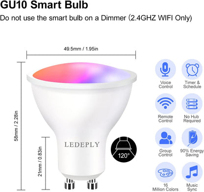 GU10 Smart Spot Light Bulb Compatible with Alexa, Google Home, Smartthings, 5W Wifi LED Track Light Bulbs, Color Changing, No Hub Required, 4 Pack