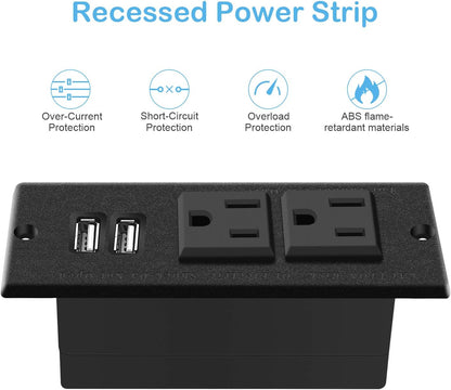 Recessed Power Strip, Black Desktop Power Grommet Socket with Furniture, 2 AC Outlets &amp; 2 USB Ports for Conference Desk,Kitchen,Office,Home,Hotel (9.85 Ft)