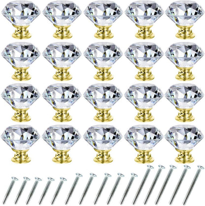 Dresser Drawer Cabinet Knobs 30Mm Diamond Shaped Crystal Glass Knobs Pulls for Kitchen Wardrobe Cupboard (20 Pack, Gold)