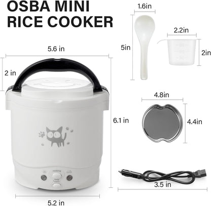 Mini Rice Cooker, 1L Small Rice Cooker 2 Cup-Uncooked Travel Rice Cooker 12V for Car with Steamer, Auto Keep Warm Suitable for 1-2 People, White