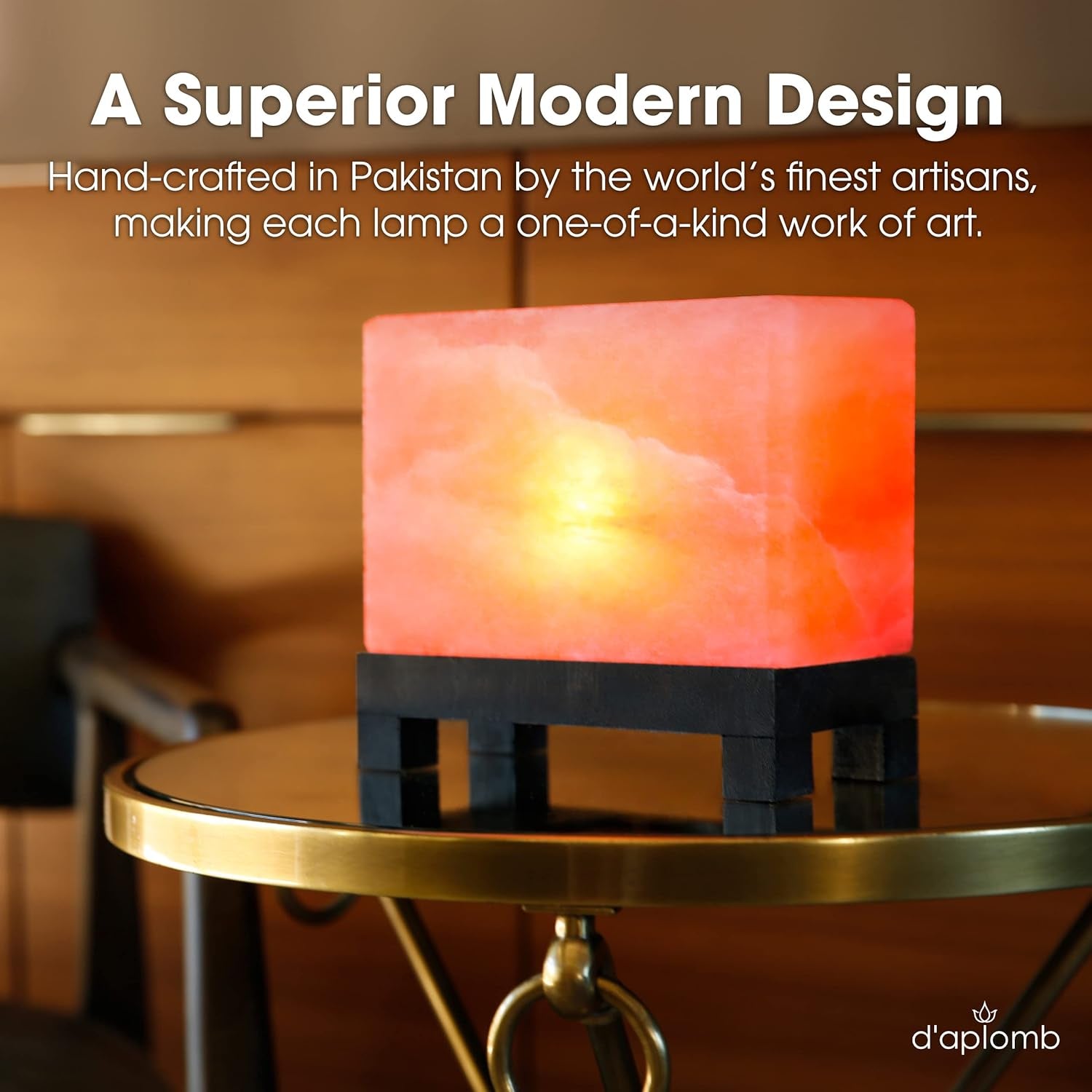 100% Authentic Natural Himalayan Salt Lamp;Hand-Carved Modern Rectangle Rare Pink Crystal Rock Salt from the Himalayan Mountain; Footed Wood Base, Dimmer Cord; 11.5 Lbs