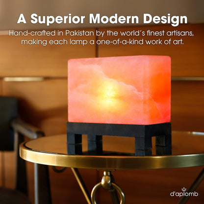 100% Authentic Natural Himalayan Salt Lamp;Hand-Carved Modern Rectangle Rare Pink Crystal Rock Salt from the Himalayan Mountain; Footed Wood Base, Dimmer Cord; 11.5 Lbs