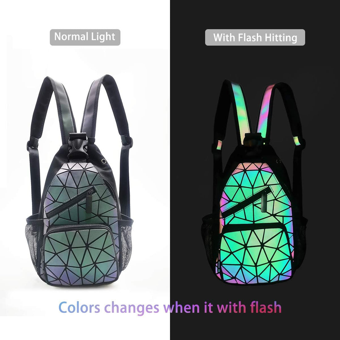 Geometric Backpack Luminous Holographic Purse Color Changes Flash Reflective Bag for Cycling Fashion Sling Bag for Women(Prism)