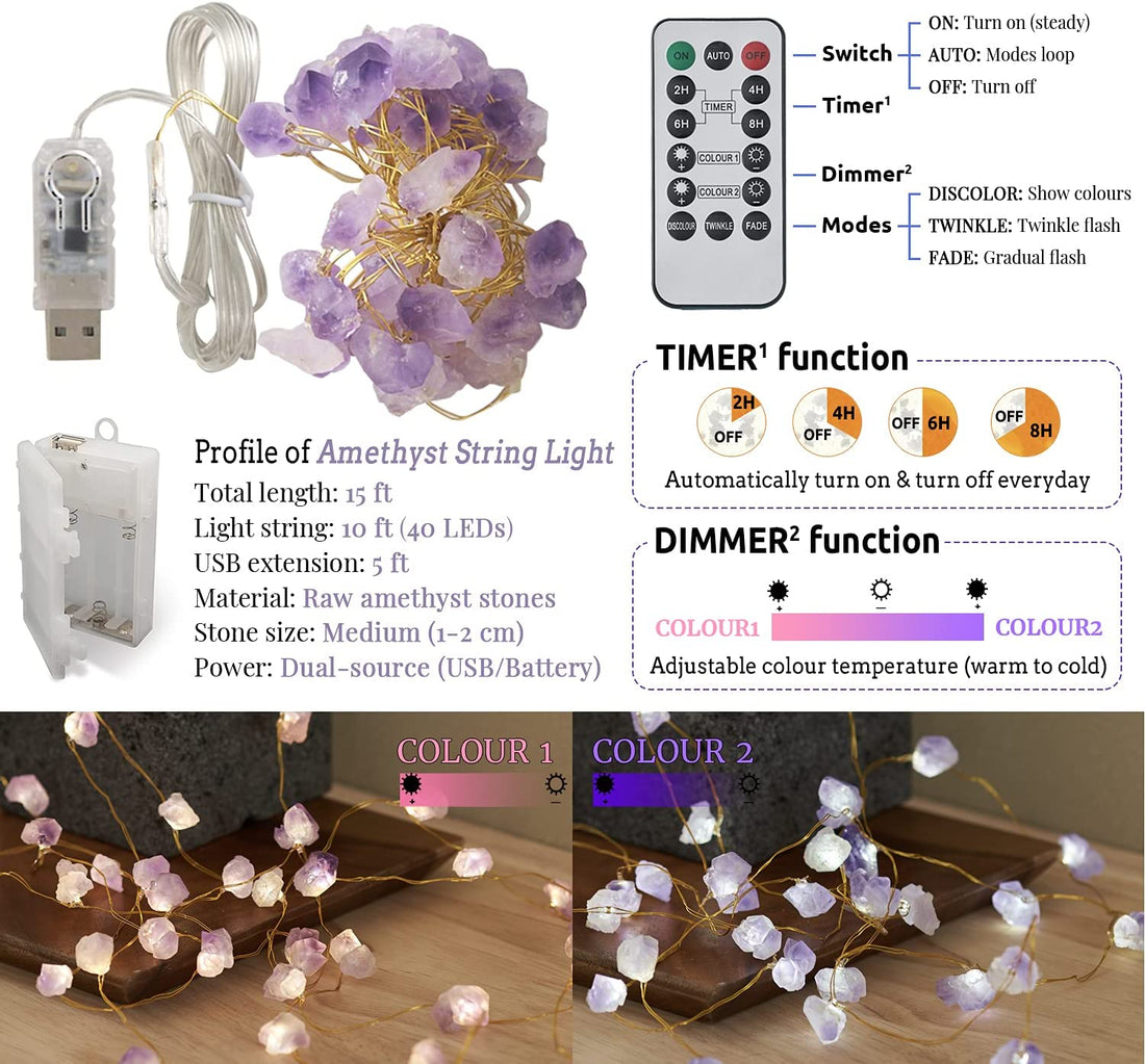 Nature Amethyst Crystal String Lights for Bedroom 10FT 40Leds Usb/Battery Operated Grape Crystal Light Pure Purple Fairy Lights Plug in for Natural Life Cute String Lights for Office