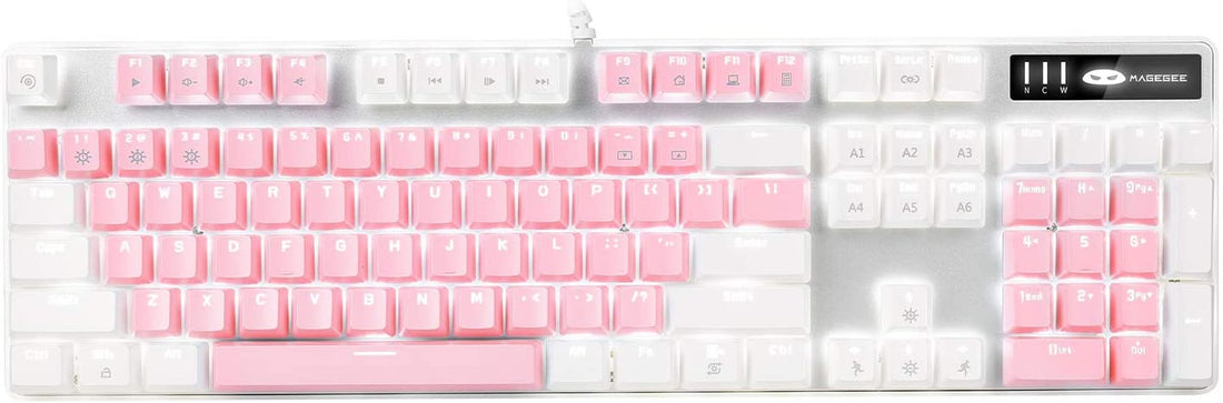 Mechanical Gaming Keyboard, New Upgraded Blue Switch 104 Keys White Backlit Keyboards, USB Wired Mechanical Computer Keyboard for Laptop, Desktop, PC Gamers(White &amp; Pink)