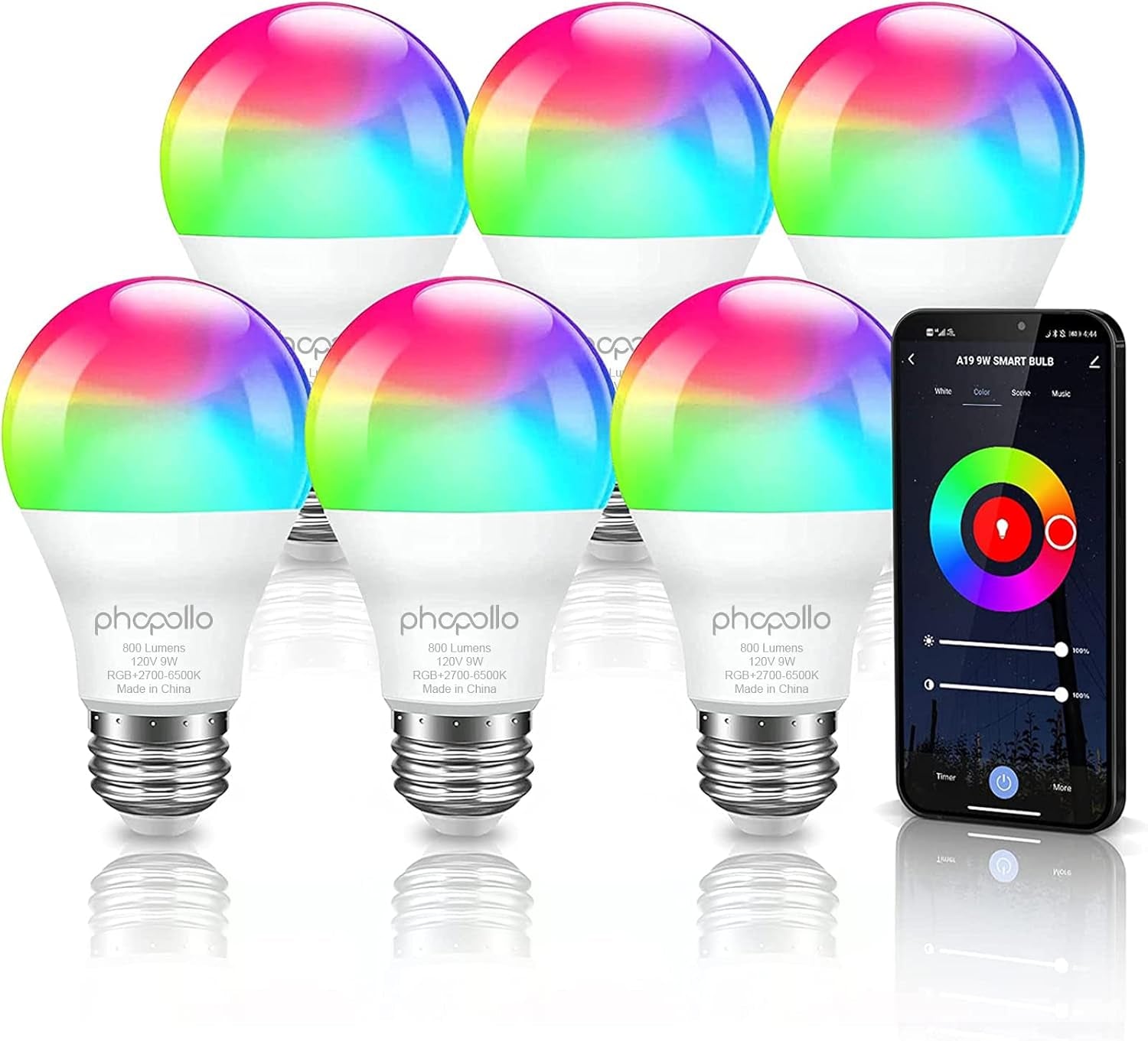 Smart Light Bulbs, RGBCW Wifi Multicolor Led Light Bulbs Compatible with Alexa &amp; Google Home Assistant, A19 E26 9W 60W Equivalent 800Lumen, App Control, No Hub Required, 6 Pack